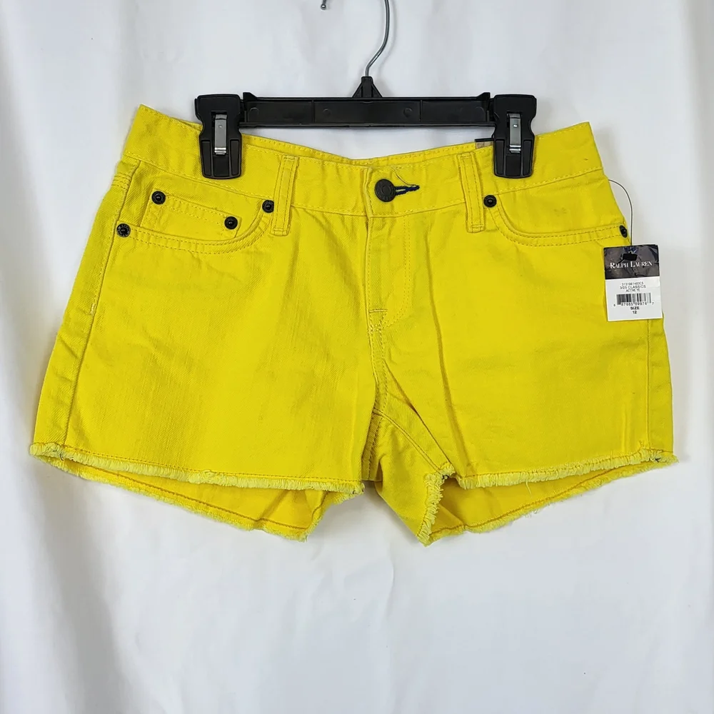 Ralph Lauren Girls Y2K Yellow Raw Hem 5‎ Pocket Denim Shorts Sz 12 New Vintage